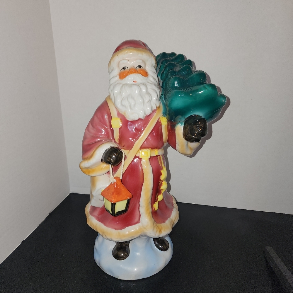 Santa Figurine Holding Lantern & Christmas Tree Vintage